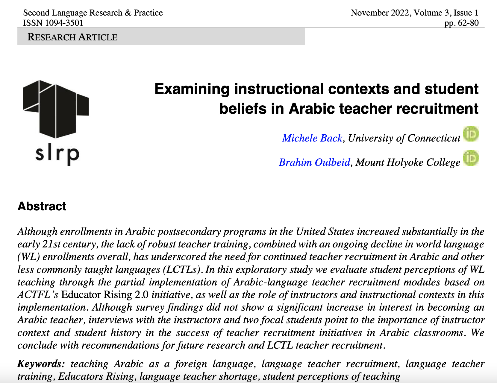 Abstract of the article Examining instructional contexts and student beliefs in Arabic teacher recruitment.